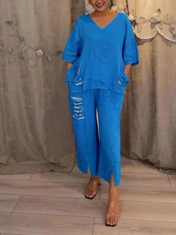 Himashi - Stylish Two Piece Cotton And Linen Suit With V-Neck