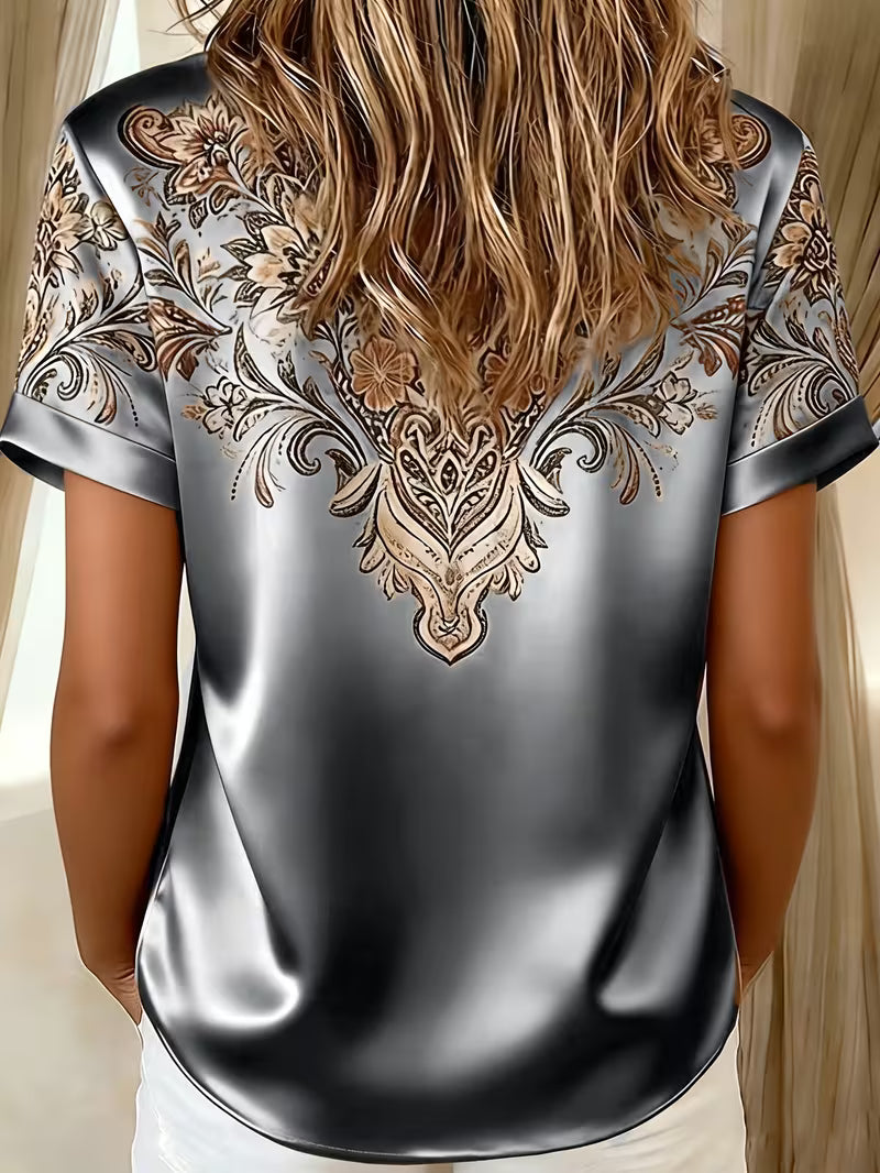 Zirmela - Floral Satin Print Button-Up Top