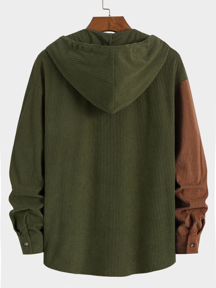 Elonzo - Colorblock Corduroy Hooded Shirt