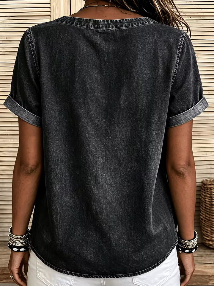 Ferina - Distressed Short Sleeve Denim Top