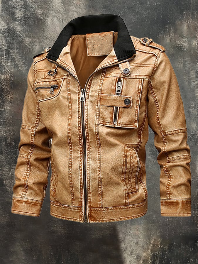 Ricky - Vintage Leather Outdoor Jacket With Multiple Pocket