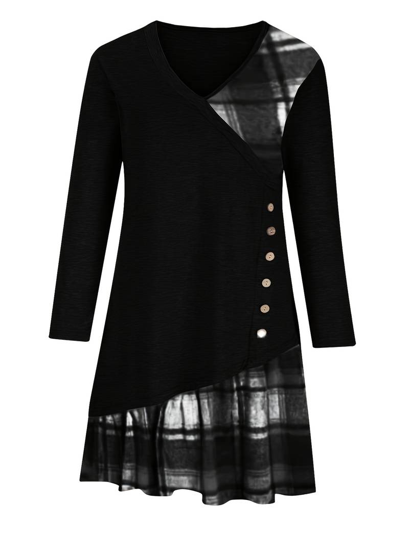 Alinor - Casual Plaid Patchwork Long Sleeve Dress