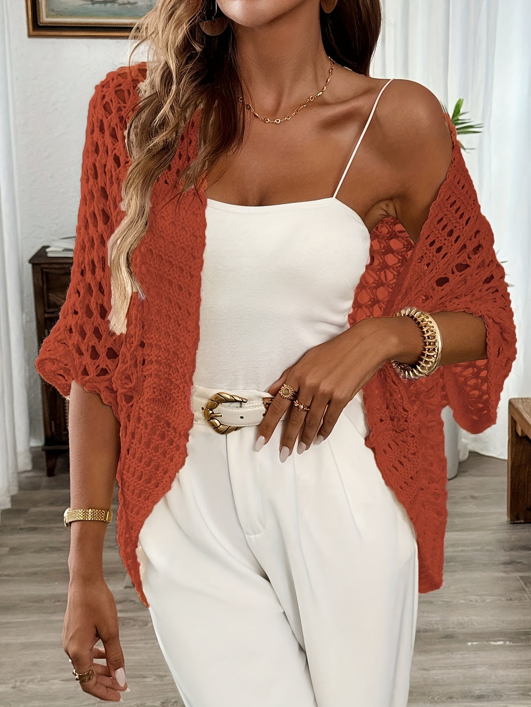 Etleva - Elegant Hollow Cardigan With Batwing Sleeves