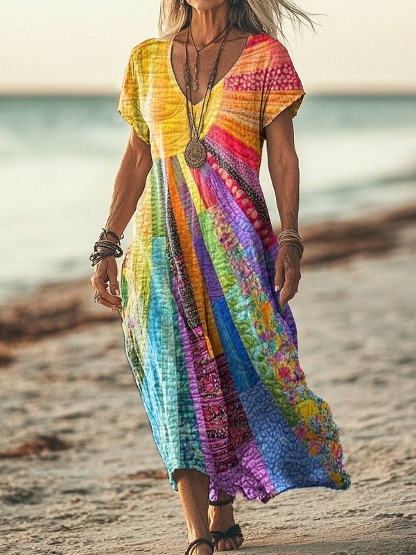 Meinir - Dress With Color Stripes And V-neck