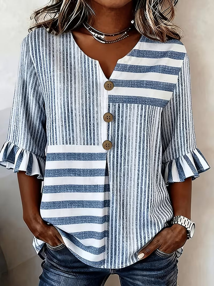 Avyra - Striped Patchwork Ruffle Sleeve Button Top