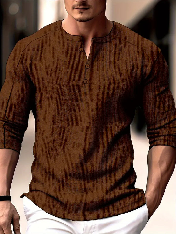 Biden - Waffle Knit Henley Long Sleeve Shirt