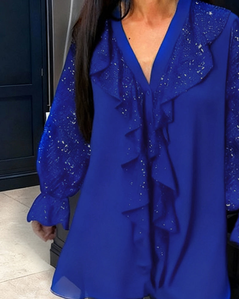 Alexiss - Sparkle Ruffle V-Neck Blouse
