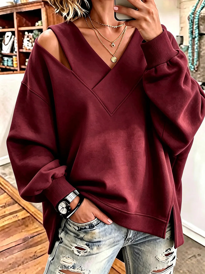 Opheyova - Chic Cutout V-Neck Oversized Sweatshirt