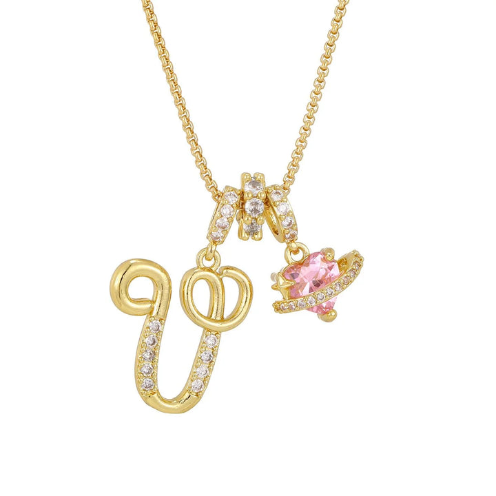 Nerute - Initial Letter Necklace With Pink Heart Charm