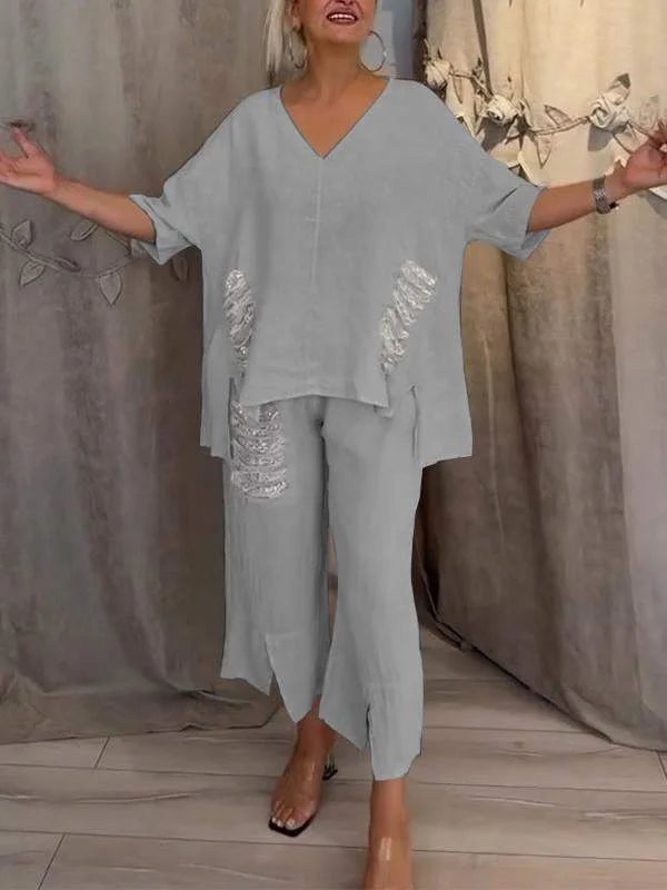 Himashi - Stylish Two Piece Cotton And Linen Suit With V-Neck