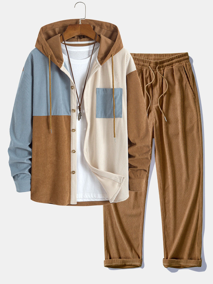 Herk - Corduroy Patchwork Hoodie And Pants Set
