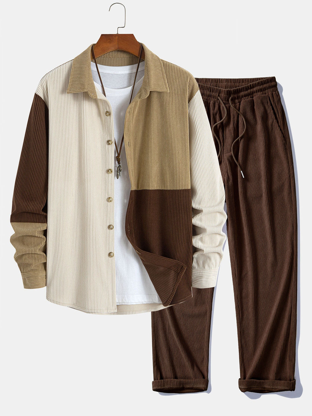 Dermot - Corduroy Patchwork Hooded Shirt And Pants Set