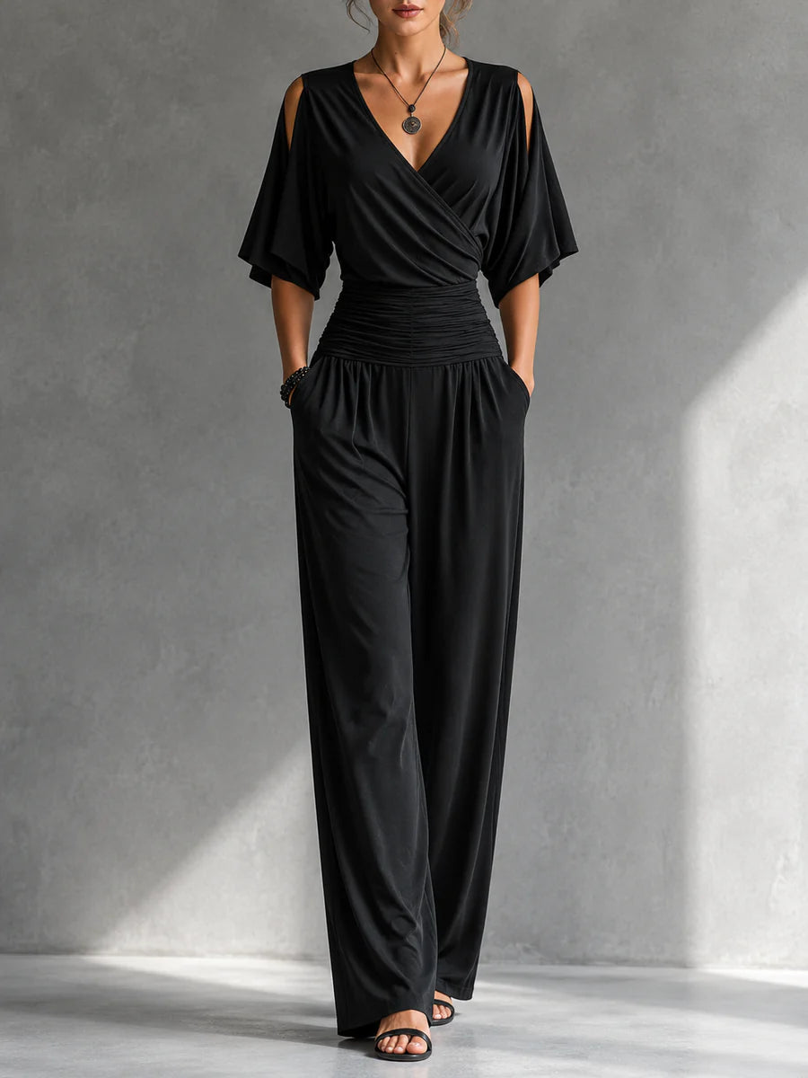 Greene - Wrap-Front Cold Shoulder Wide Leg Jumpsuit