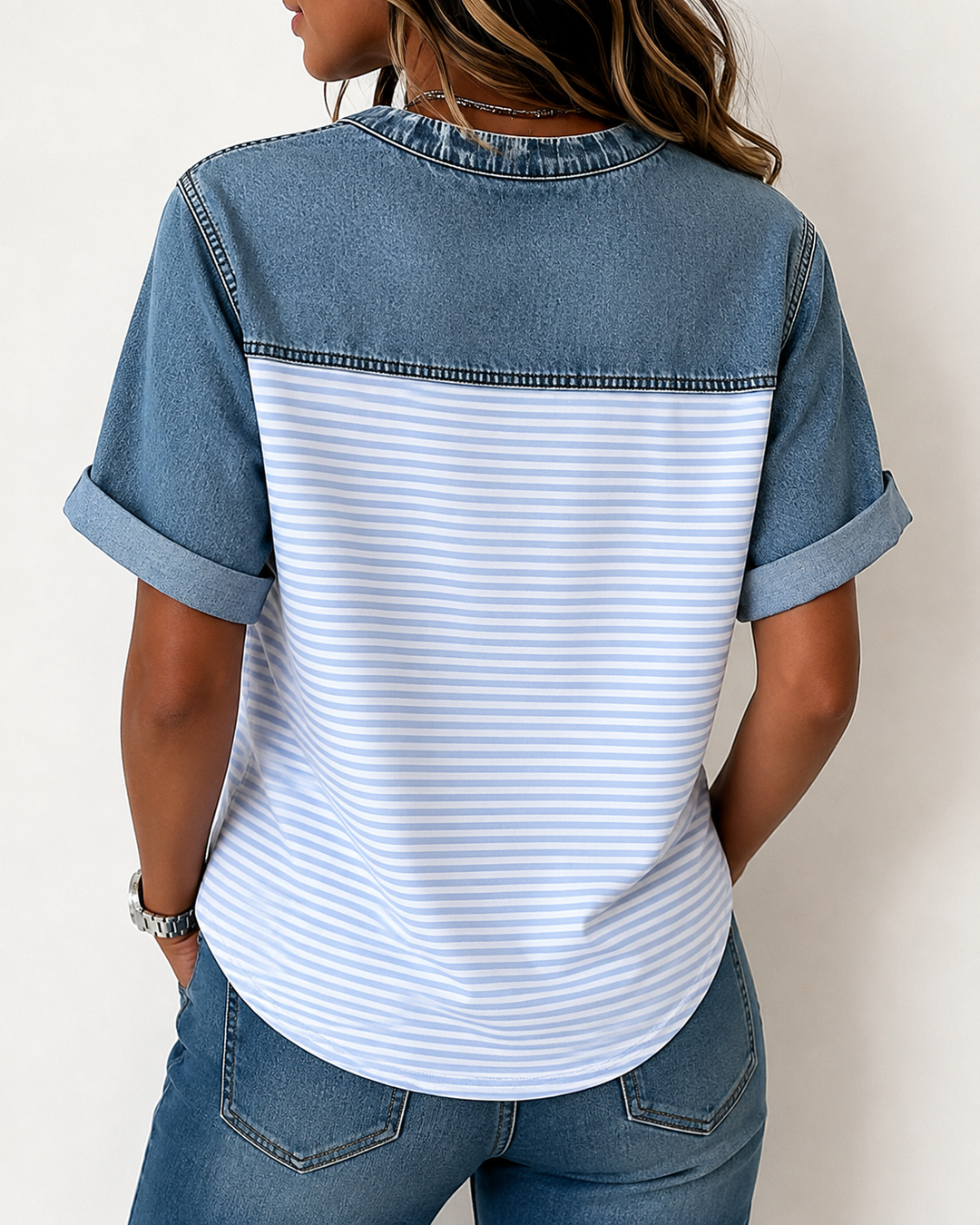 Tessie - Striped Panel Denim Blouse