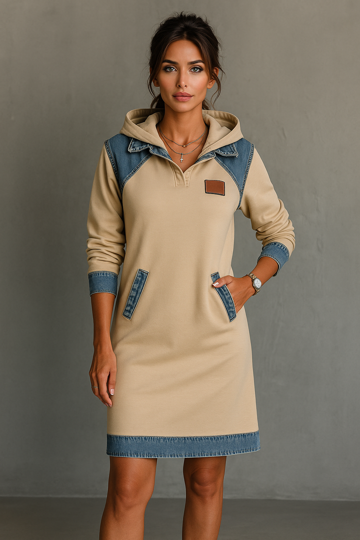 Viktoria - Casual Hooded Denim Insert Dress