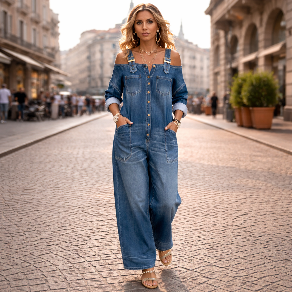Armas - Off-Shoulder Denim Jumpsuit