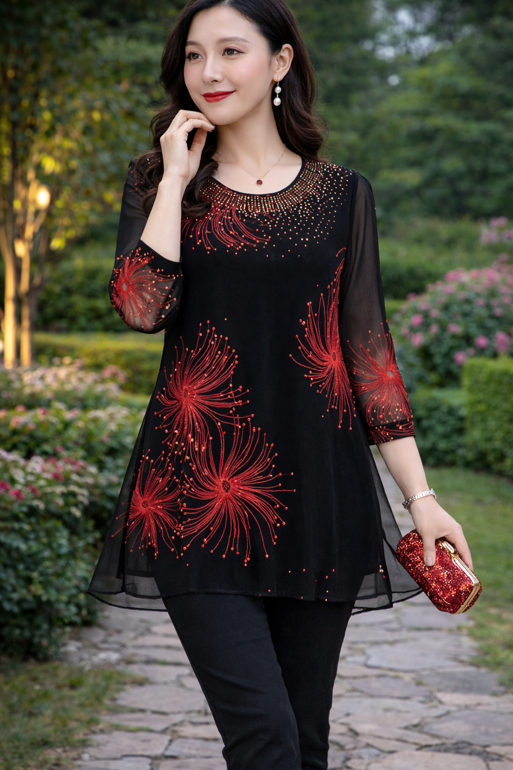 Skirmante - Chiffon Printed Tops With O-Neck