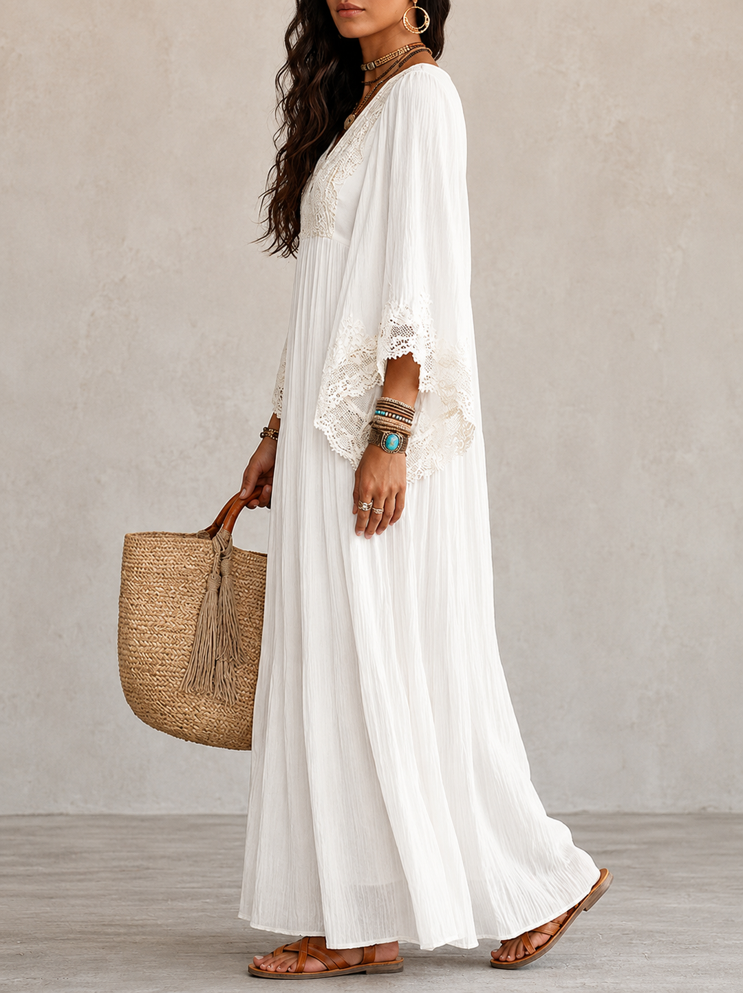 Shimmila - Chiffon Batwing Sleeve Lace Maxi Dress