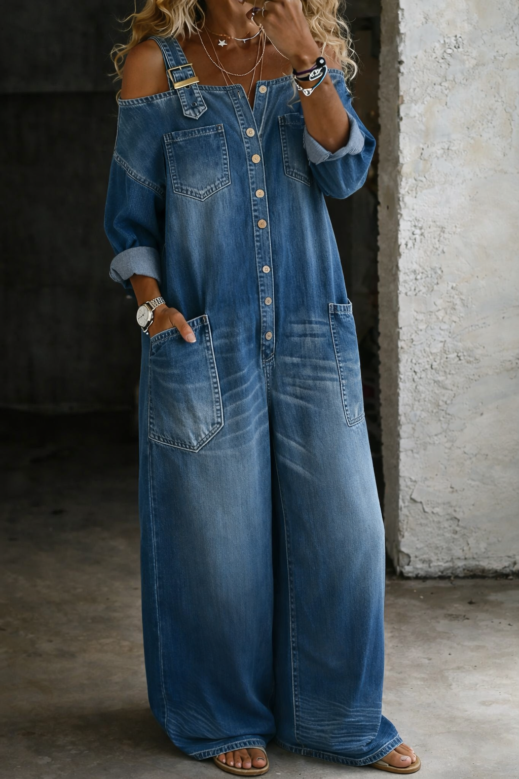 Armas - Off-Shoulder Denim Jumpsuit