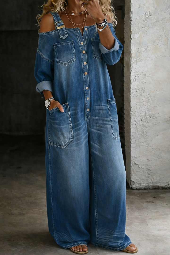 Armas - Off-Shoulder Denim Jumpsuit
