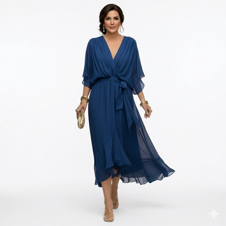 Zagda - Elegant V-Neck Midi Dress