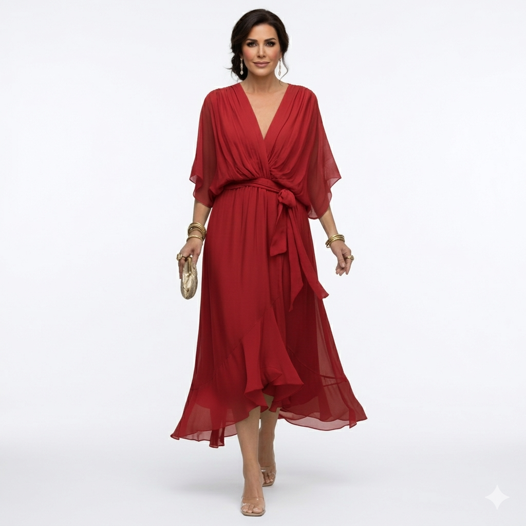 Zagda - Elegant V-Neck Midi Dress