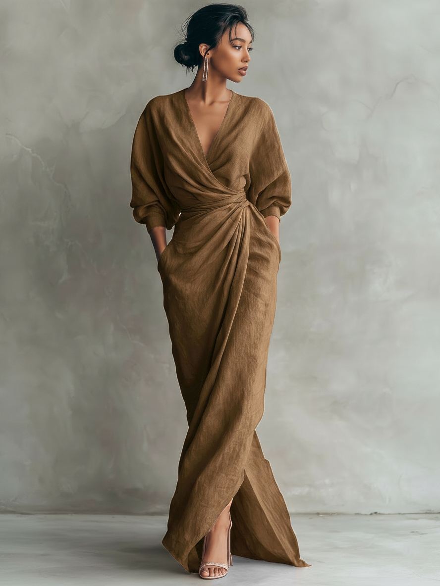 Konika - Minimalist Maxi Dress With V-neck