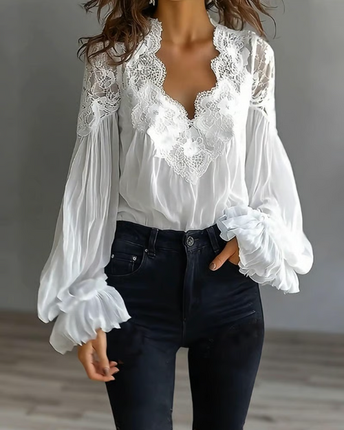 Katija - Blouse With Floral Lace And Lantern Sleeves
