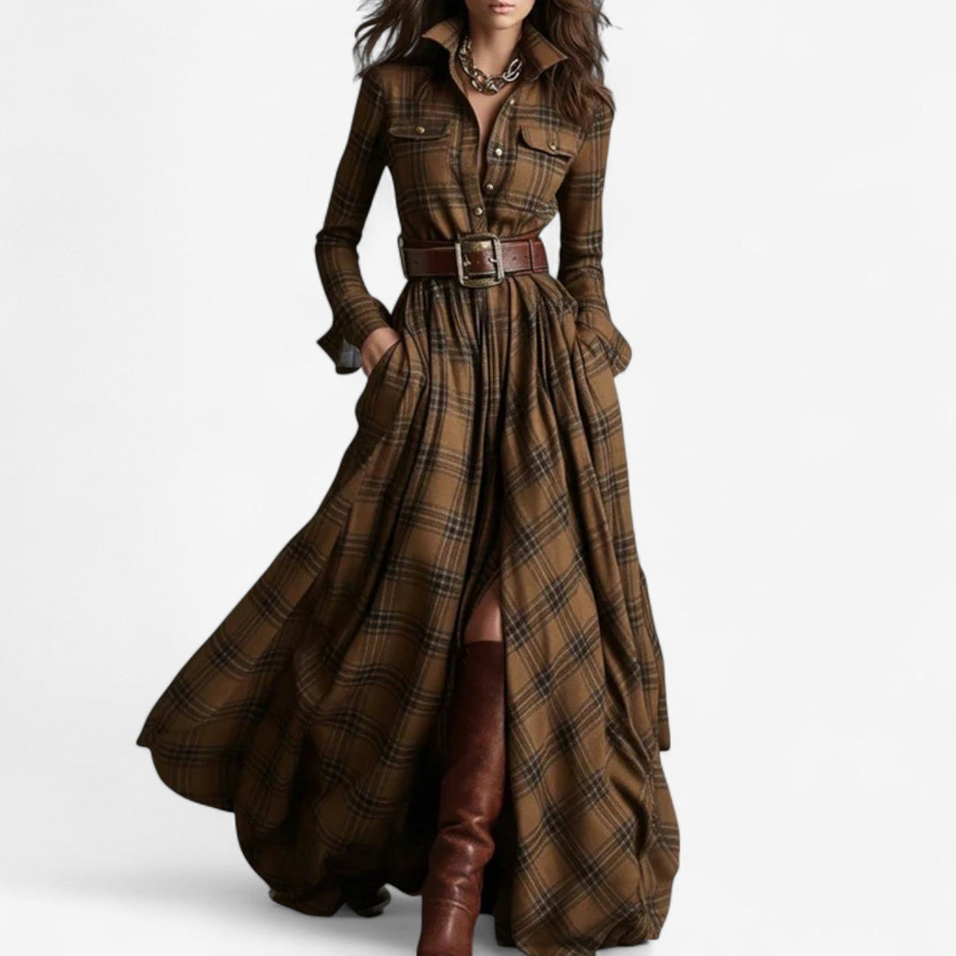 Renske - Plaid Maxi Shirt Dress with Belt