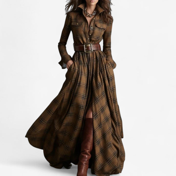 Renske - Plaid Maxi Shirt Dress with Belt