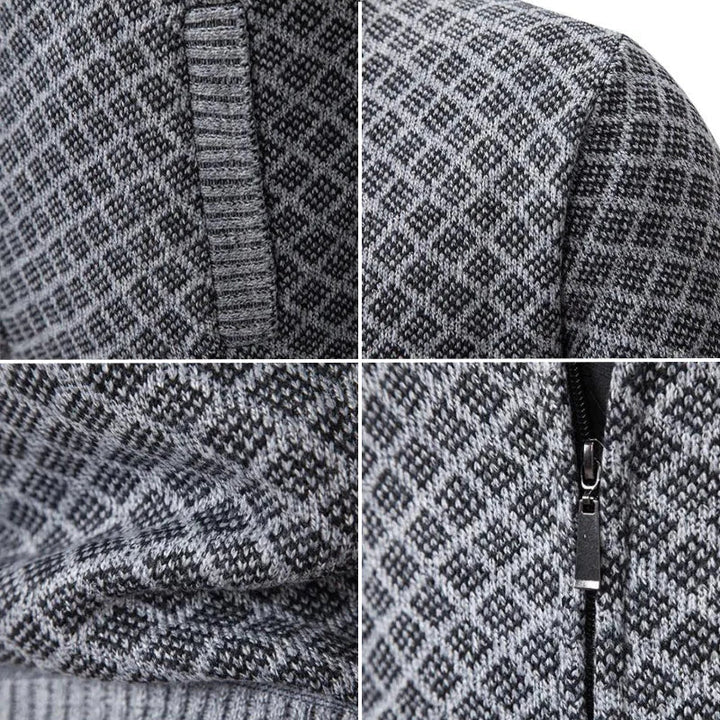 Klarik - Diamond Pattern Full-Zip Knit Cardigan