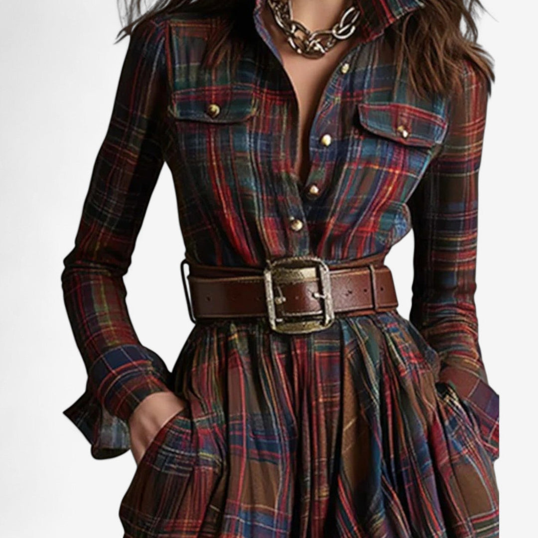 Renske - Plaid Maxi Shirt Dress with Belt