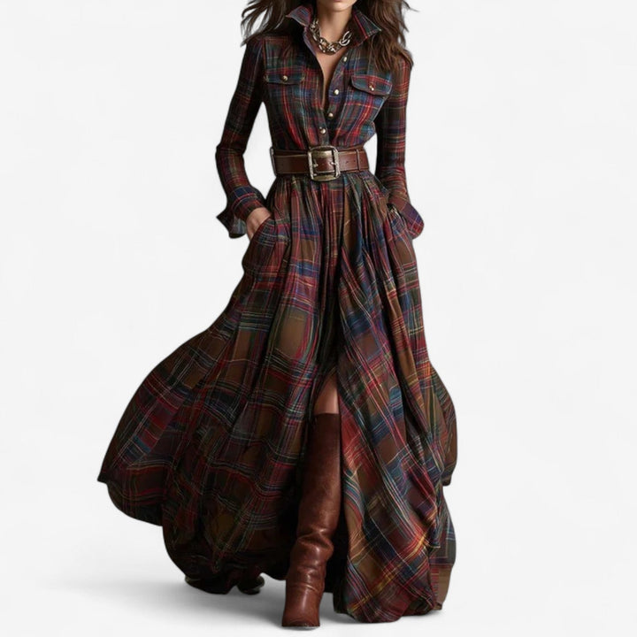 Renske - Plaid Maxi Shirt Dress with Belt