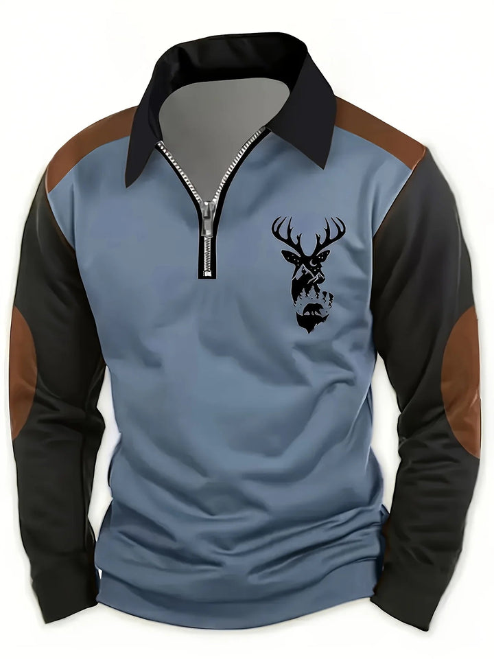 Georges - Deer Head Print And Zip-Up Polo Shirt