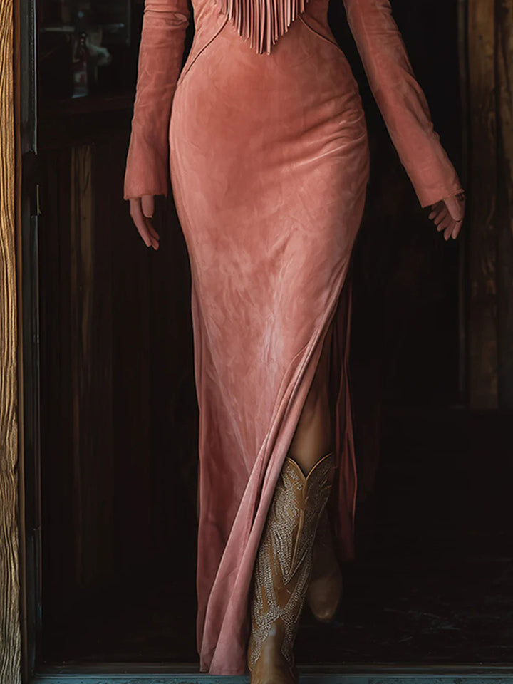 Nocturne - Long Suede Dress with Fringe Embroidery