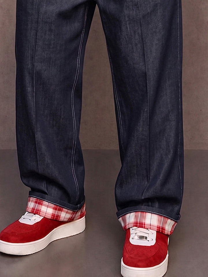 Fayeina - Contrast Panel Faux Denim Pants