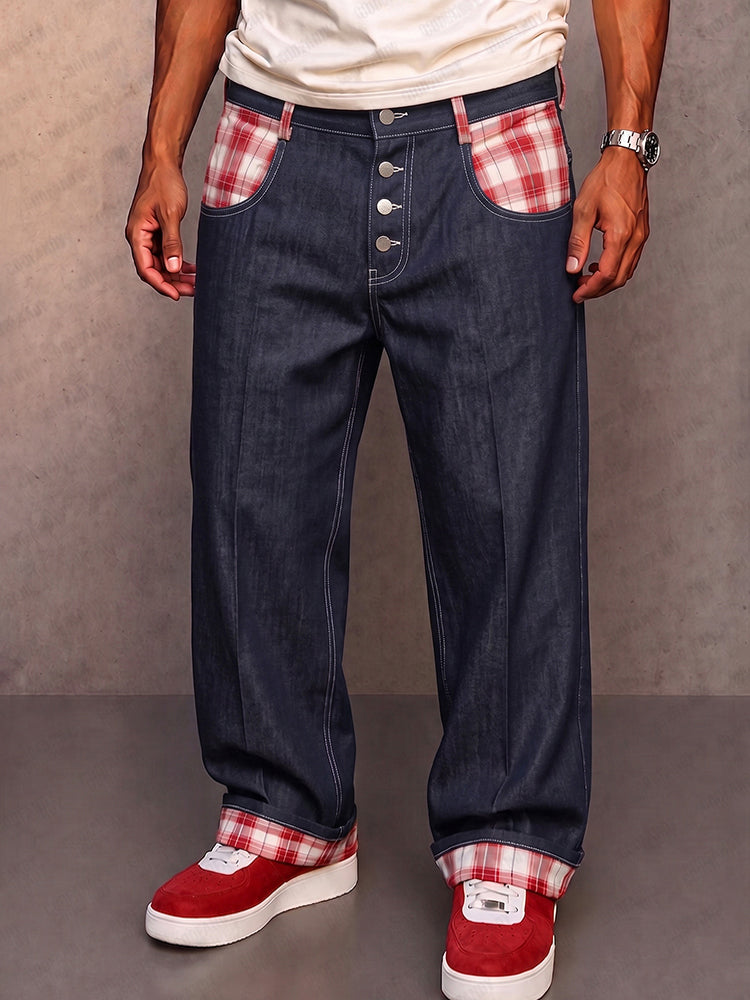 Fayeina - Contrast Panel Faux Denim Pants