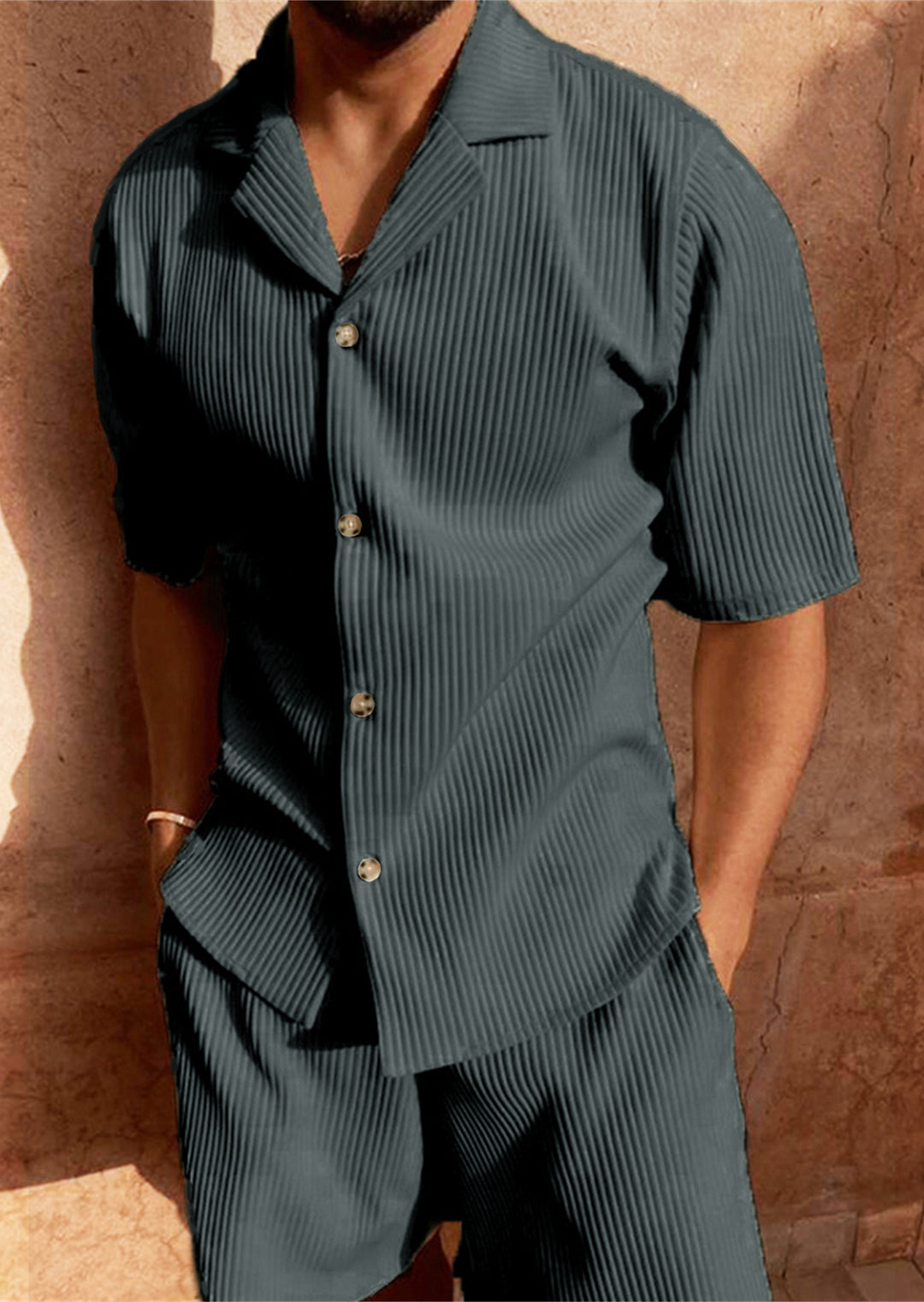 Ardian - Corduroy Short Sleeve Shirt And Shorts Set