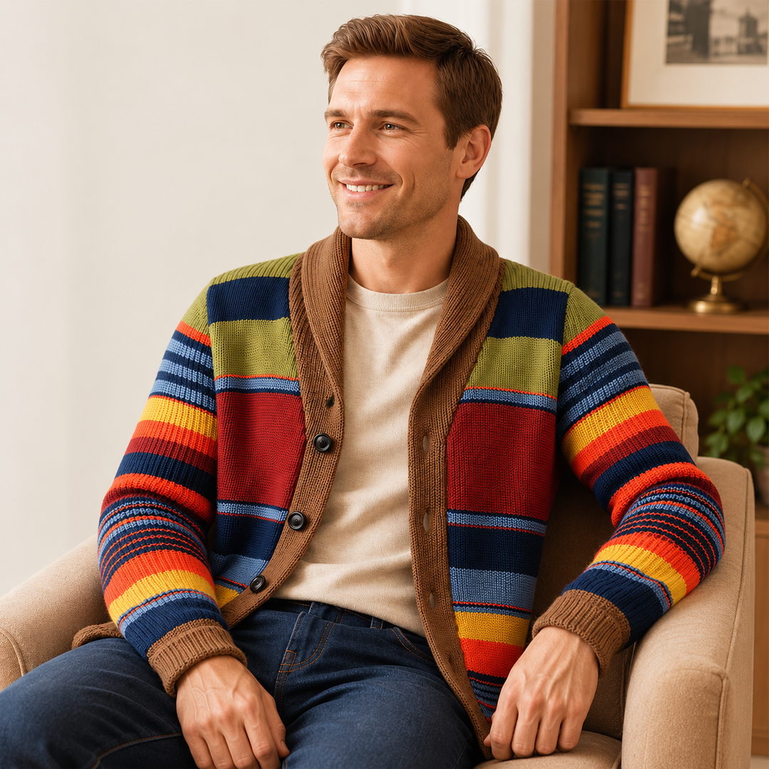 Nandth - Striped Shawl Collar Knit Cardigan