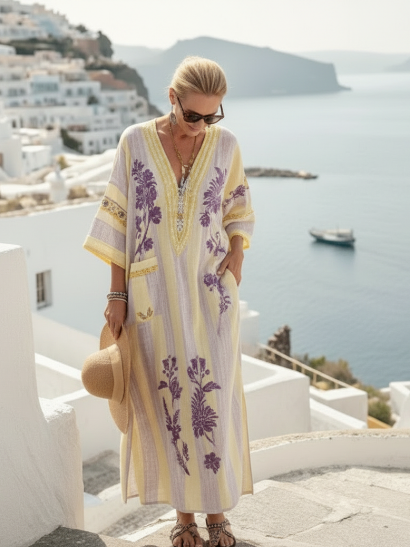 Feryana - Long Dress With V-Neck And Striped Floral Print