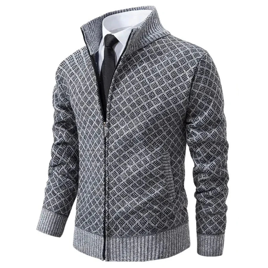 Klarik - Diamond Pattern Full-Zip Knit Cardigan