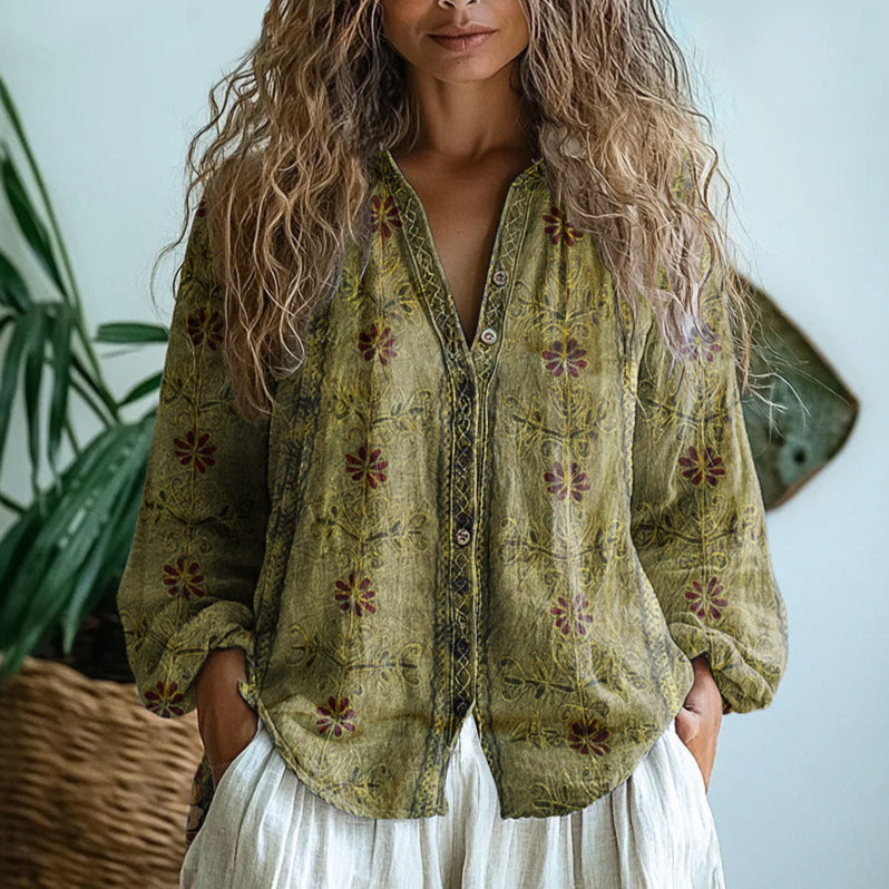 Ereinaa - Elegant Vintage Leaf Print Shirt