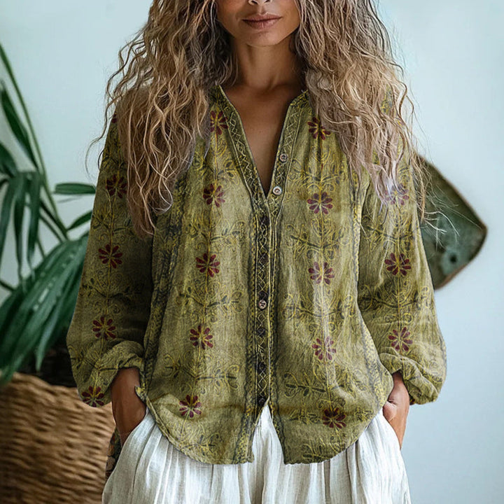 Ereinaa - Elegant Vintage Leaf Print Shirt