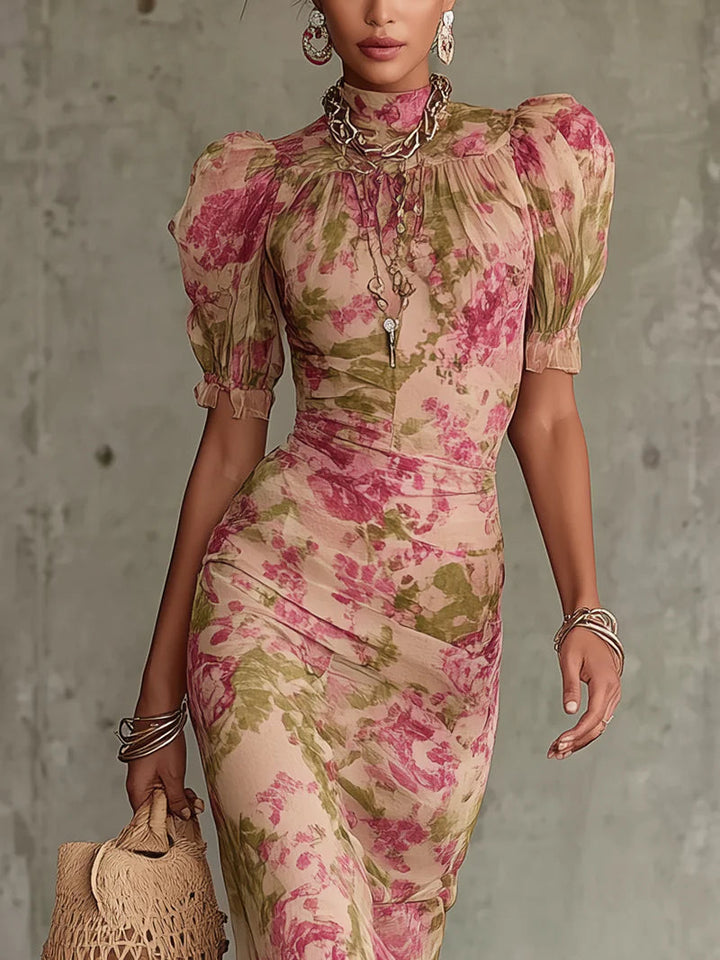 Erikka - Chiffon Floral Dress With Ruffled Hemline