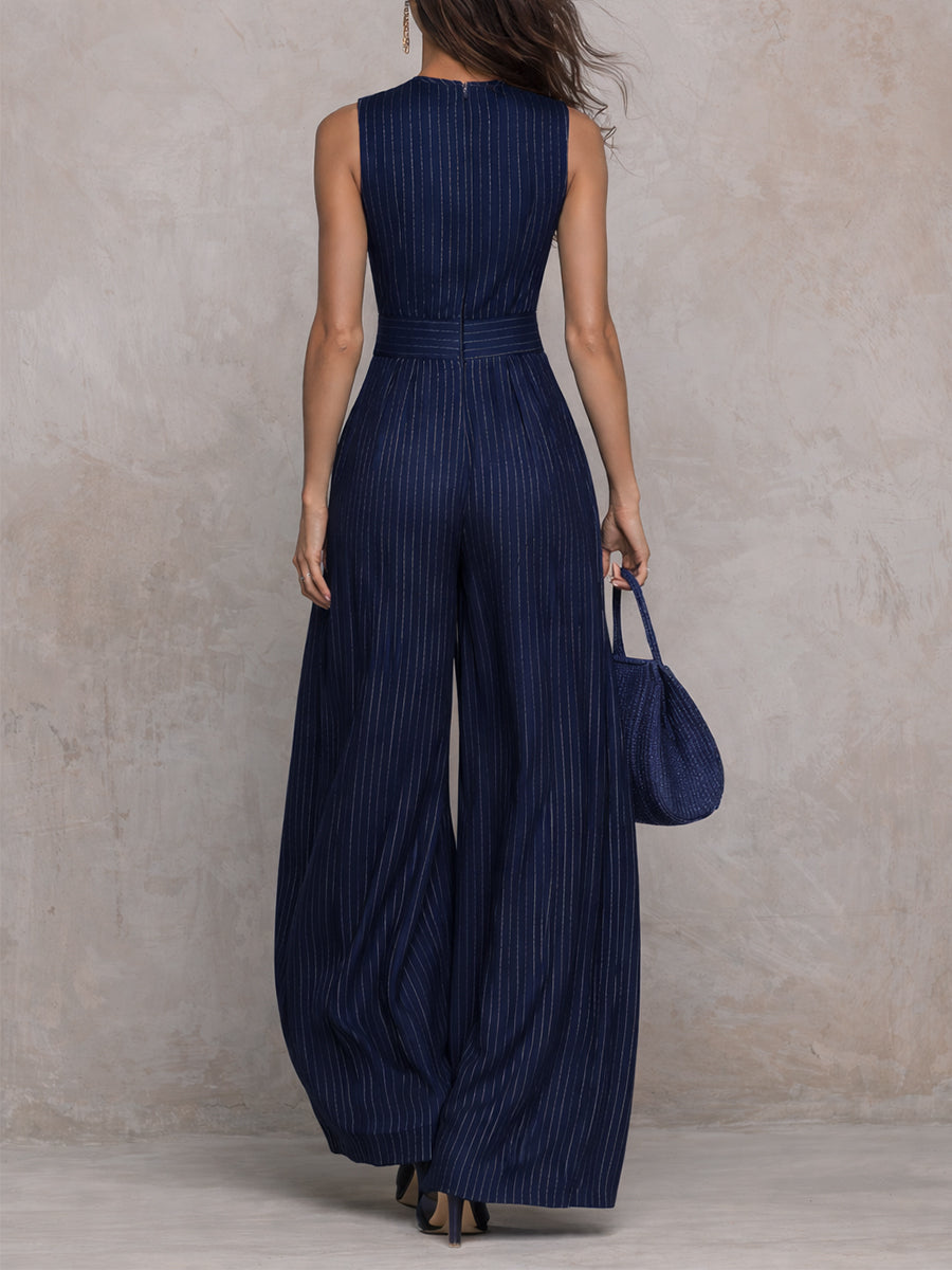 Minnien - Pinstripe Sleeveless Wide Leg Jumpsuit