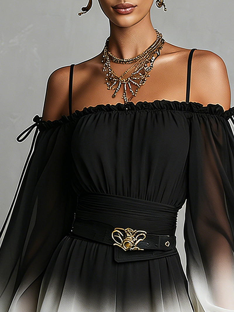 Lyolik - Off-Shoulder Gradient Chiffon Playsuit