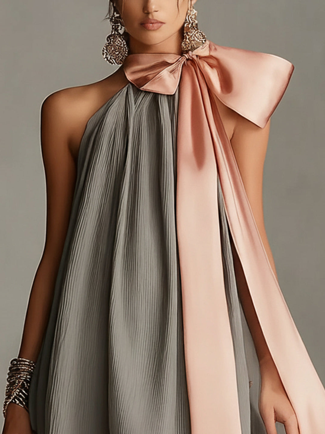 Robin - Satin Mini Dress With a Pink Bow and Lace