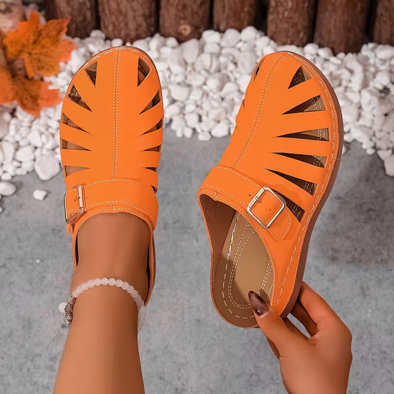 Alvena - Closed Toe Cutout Buckle Flat Sandals