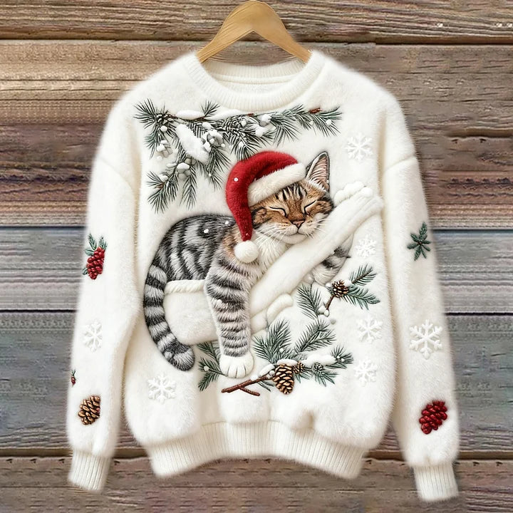 Elisabetta - Plush Sweater With a Lazy Cat Motif