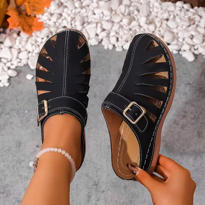 Alvena - Closed Toe Cutout Buckle Flat Sandals